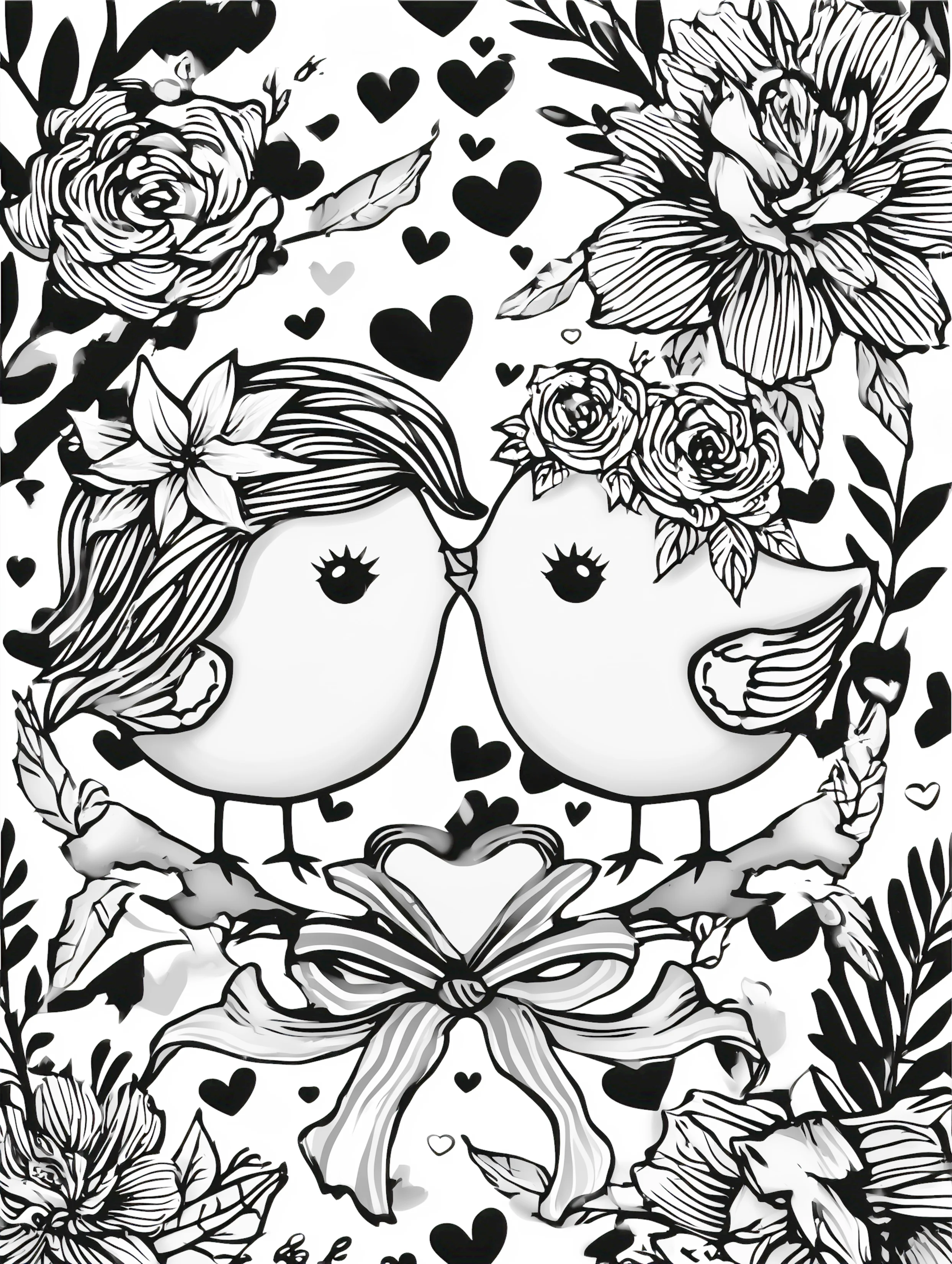 Free printable valentines coloring pages for adults featuring cute birds kissing